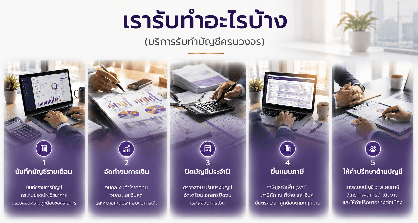 บริการรับทำบัญชีครบวงจร โดย APALL ครอบคลุมการบันทึกบัญชีรายเดือน จัดทำงบการเงิน ปิดบัญชีประจำปี ยื่นแบบภาษี และให้คำปรึกษาด้านบัญชี